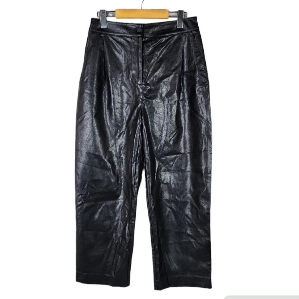 Oak + Fort Vegan Leather Cropped Pants Taper Leg High Waist Black Size Medium